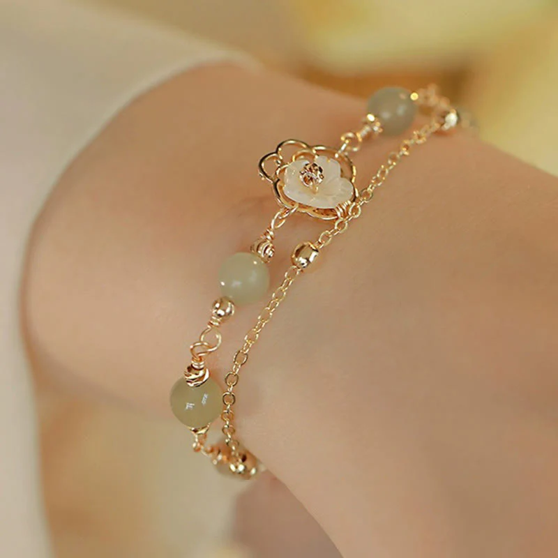 Buddha Stones 14K Gold Plated Jade Butterfly Tridacna Stone Flower Double Layer Luck Bracelet