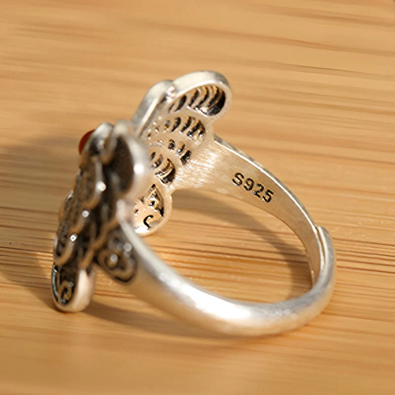 Buddha Stones 925 Sterling Silver Red Agate Butterfly Self-acceptance Ring Earrings Set