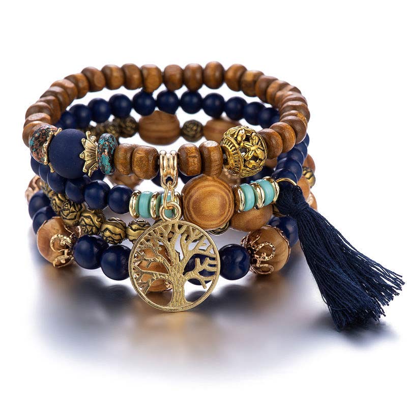 Buddha Stones Wenge Wood Layered Tree Tassel Healing Bracelet