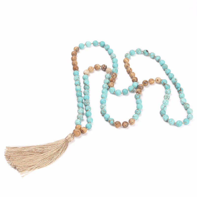 Buddha Stones 108 Mala Beads Turquoise Picture Jasper Wisdom Tassel Bracelet