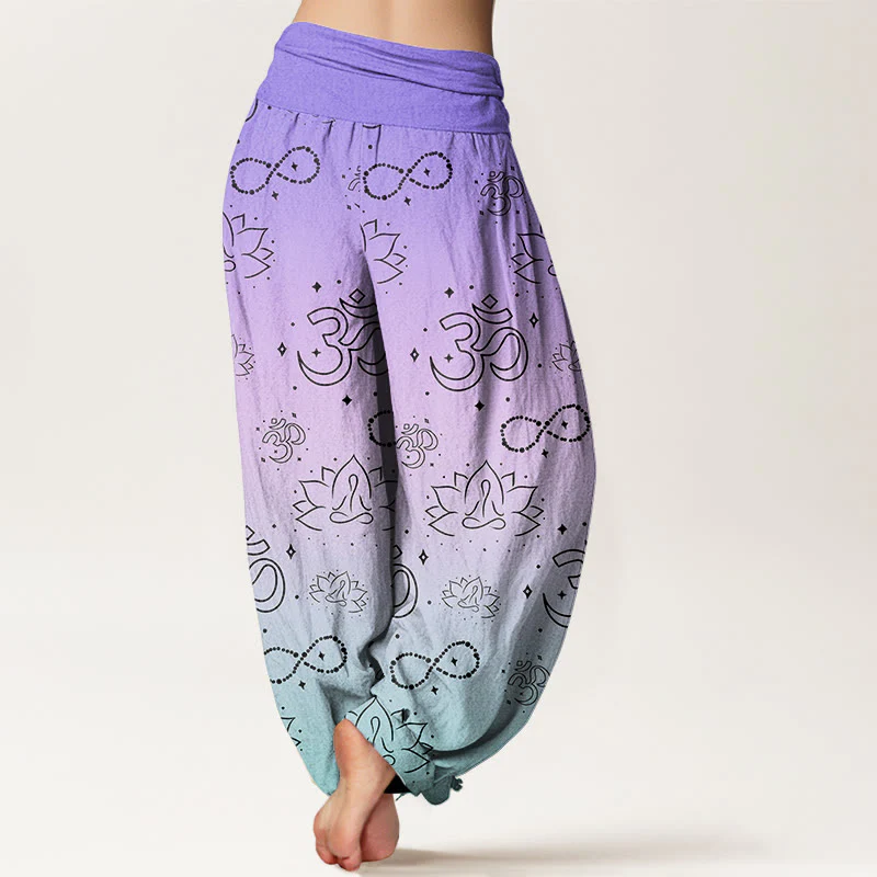 Buddha Stones OM Symbol Lotus Meditating Figure Infinity Pattern Women's Elastic Waist Harem Pants
