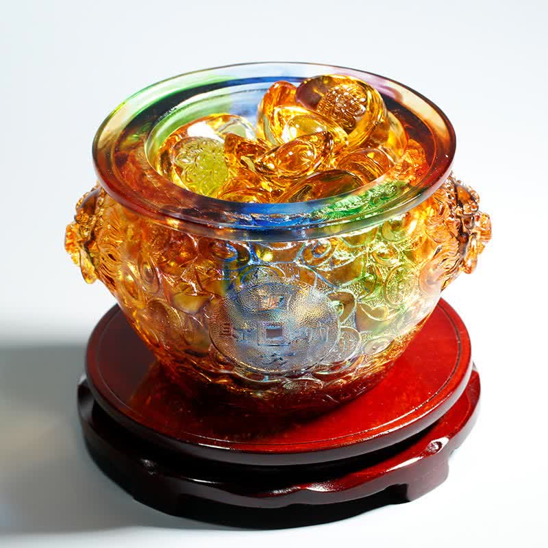 Buddha Stones Handmade Liuli Crystal Treasure Bowl Art Piece Home Decoration