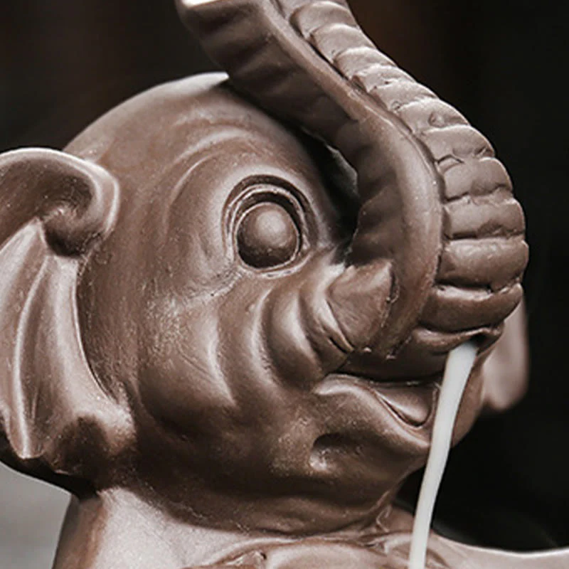 Buddha Stones Little Elephant Holding Leaf Purple Clay Backflow Smoke Fountain Healing Incense Burner Decoration