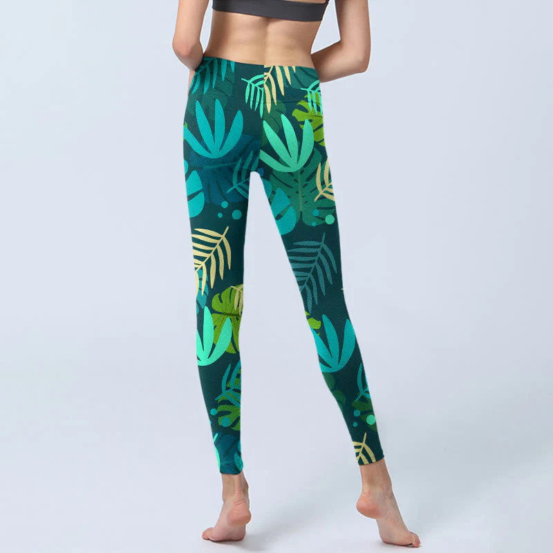 Buddha Stones Various Shapes Of Leaves Pattern Print Gym Leggings Women's Yoga Pants