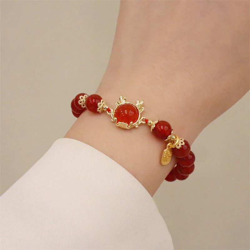 Buddha Stones Year of the Dragon Red Agate Jade Peace Buckle Fu Character Success Bracelet (Extra 30% Off | USE CODE: FS30)