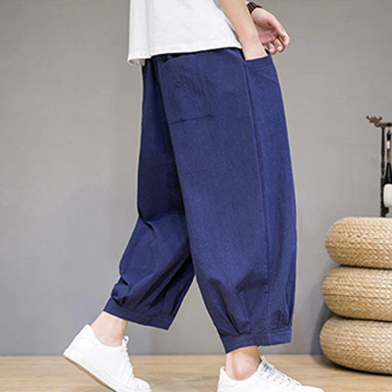 Buddha Stones Simple Cotton Men's Cropped Capri Harem Pants With Pockets