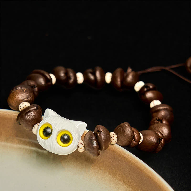 Buddha Stones Handmade Natural Coffee Beans Cat Head Bodhi Seed Claw Paw Peace Bracelet