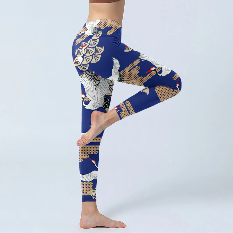 Buddha Stones Red-crowned Cranes Fan-shaped Auspicious Clouds Print Gym Leggings Women's Yoga Pants