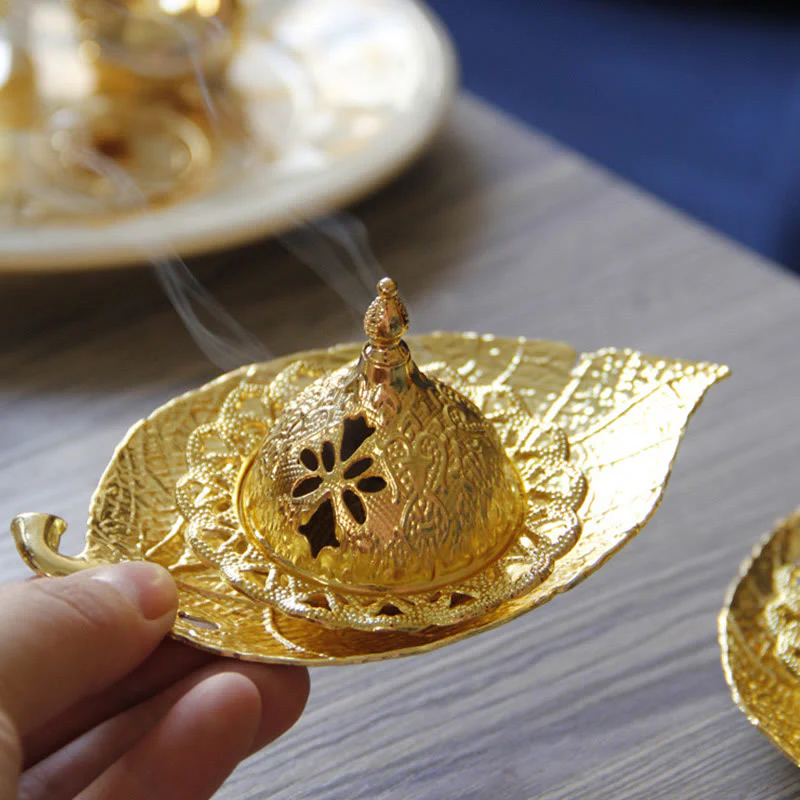 Buddha Stones Tibetan Gold Mini Leaf Coaster Meditation Incense Burner