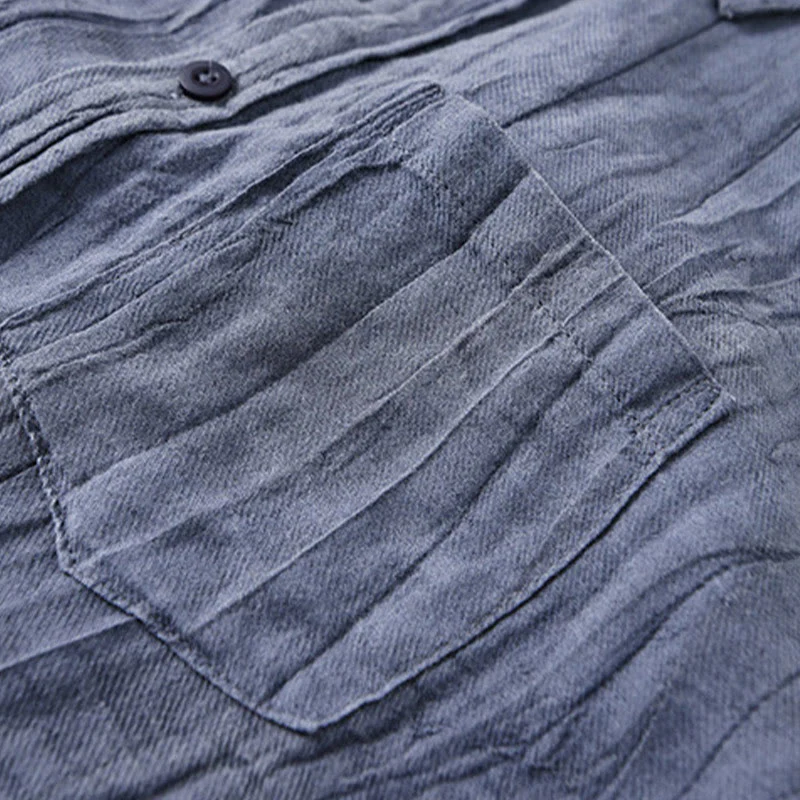 Buddha Stones Retro Pleats Buttons Men's Long Sleeve Ramie Linen Shirt With Pockets