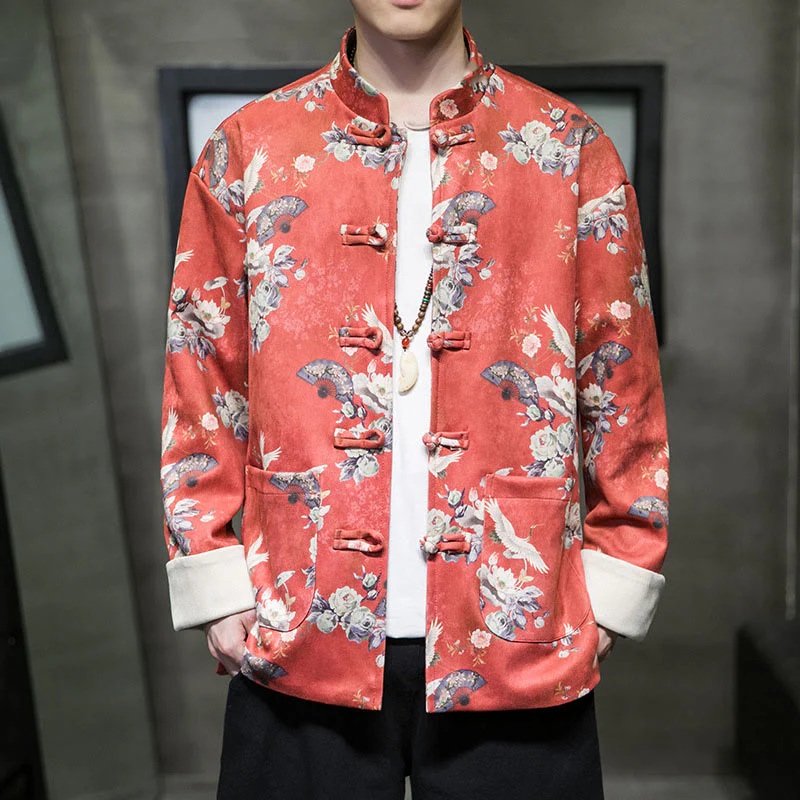 Buddha Stones Chinese New Year Clothes Flowers Fan Birds Frog-button Tang Suit Cotton Men's Jacket Shirt With Pockets