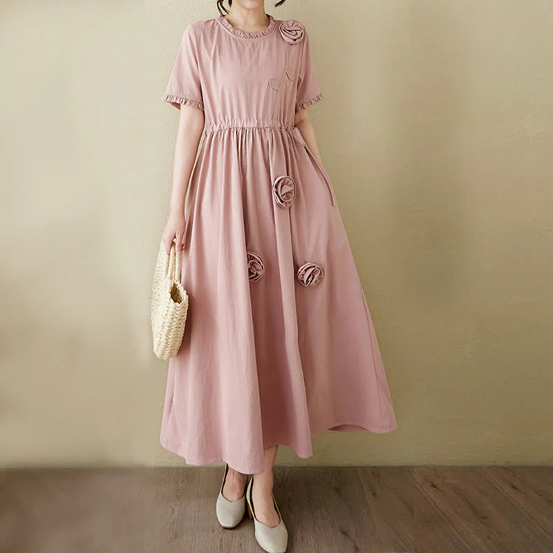 Buddha Stones Three-Dimensional Flower Design Ruffled Neck Cotton Linen Midi Dress With Pockets