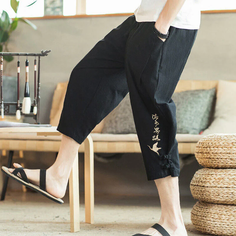 Buddha Stones Crane Embroidery Cotton Men's Cropped Harem Pants With Pockets