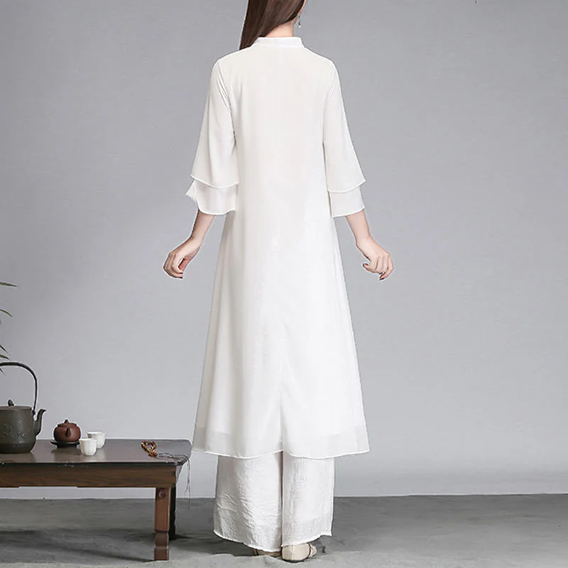 Buddha Stones Solid Women's Three Quarter Sleeve Chiffon Irregular Shirt Dress Wide Leg Pants Meditation Clothing