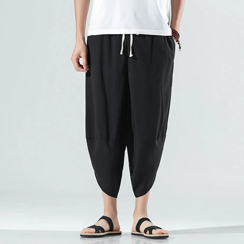 Buddha Stones Plain Simple Design Drawstring 7-8 Length Linen Men's Harem Pants With Pockets