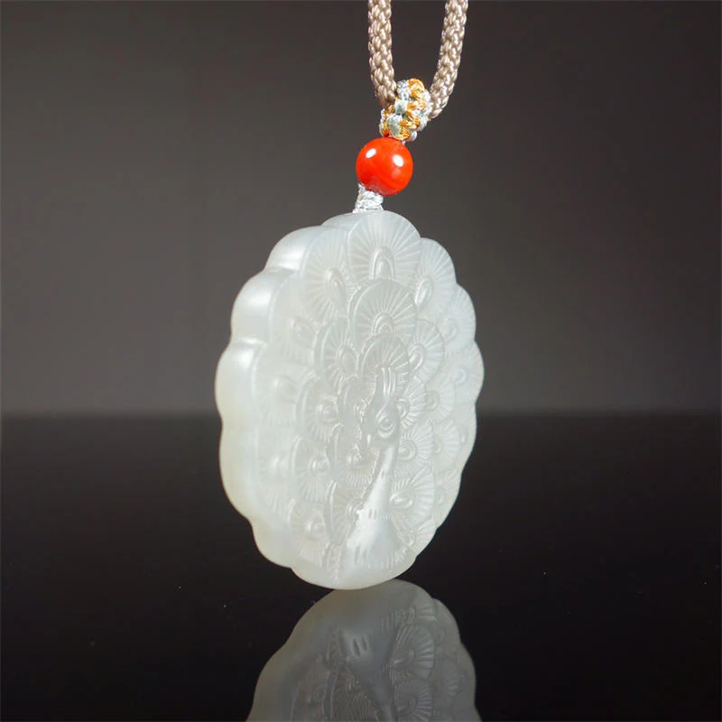Buddha Stones White Jade Peacock Protection Blessing Necklace Pendant