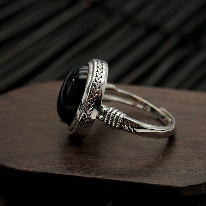 Buddha Stones Natural Black Onyx Adjustable Protection Ring