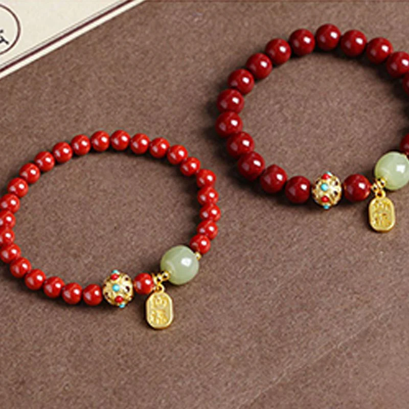 Buddha Stones Cinnabar Green Aventurine Fortune Protection Charm Bracelet