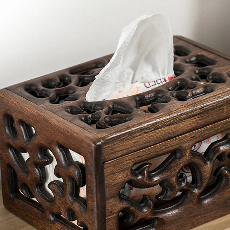 Buddha Stones Retro Wooden Tissue Box Engraved Wooden Tissue Holder Wipes Boxes Decoration