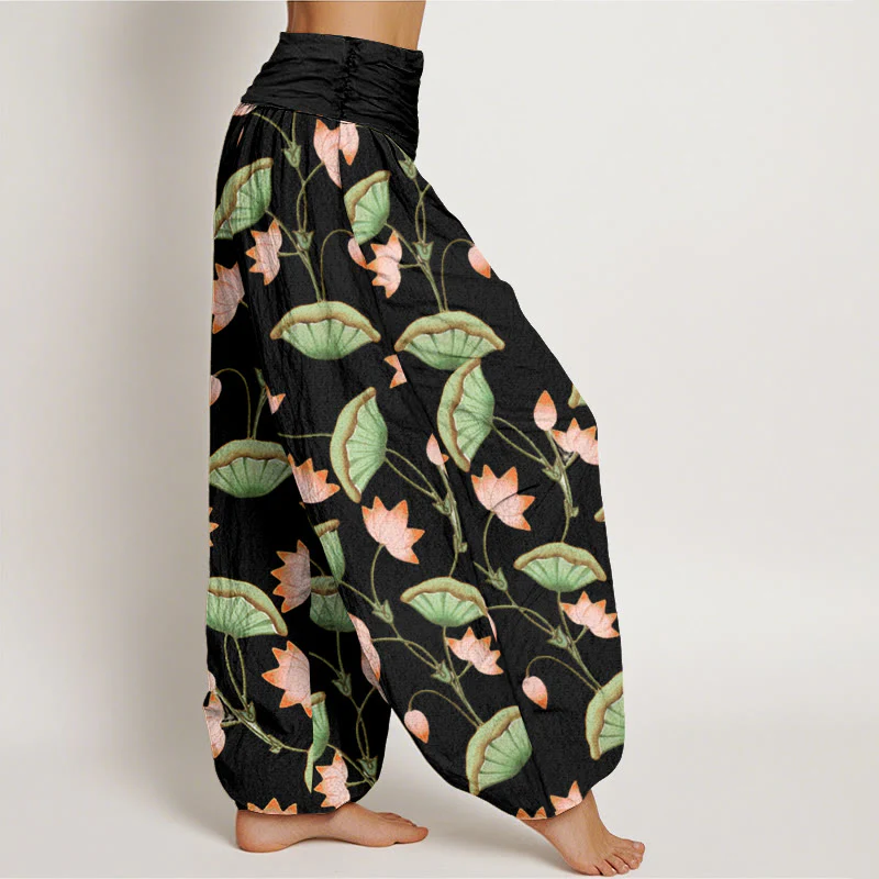 Buddha Stones Pink Lotus Flowers Lush Green Leaves Pattern Women's Elastic Waist Harem Pants