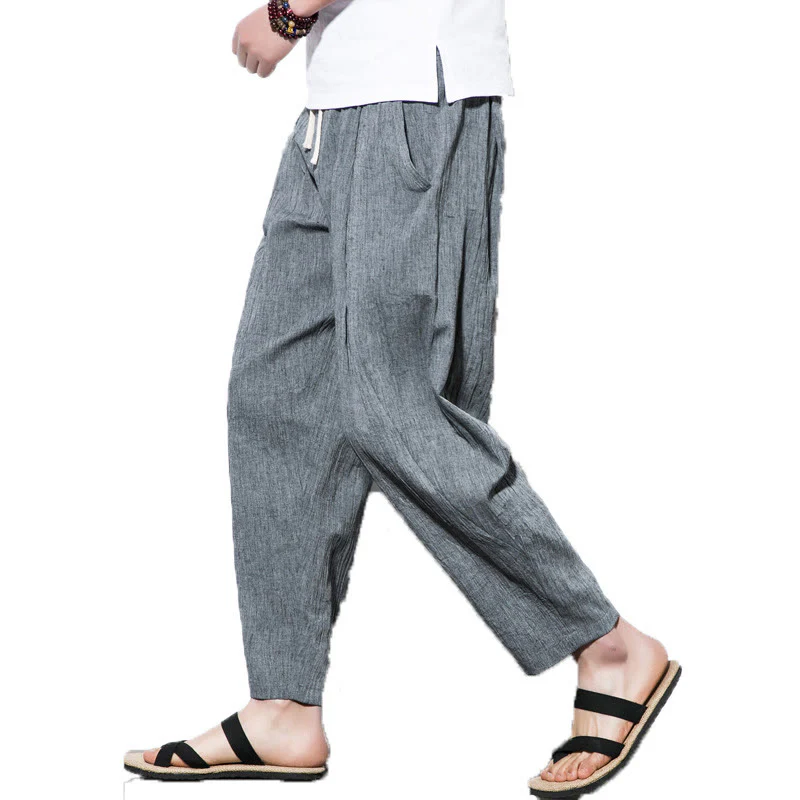 Buddha Stones Casual Plain Pleated Design Drawstring Men's Long Cotton Linen Harem Pants With Pockets