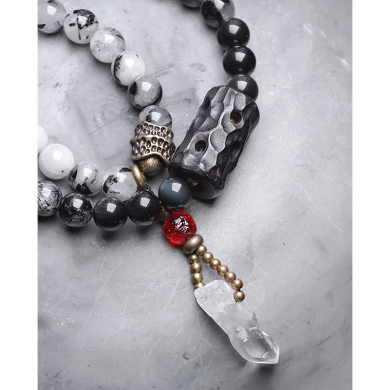 Buddha Stones Black Rutilated Quartz Ebony Wood White Crystal Success Couple Bracelet