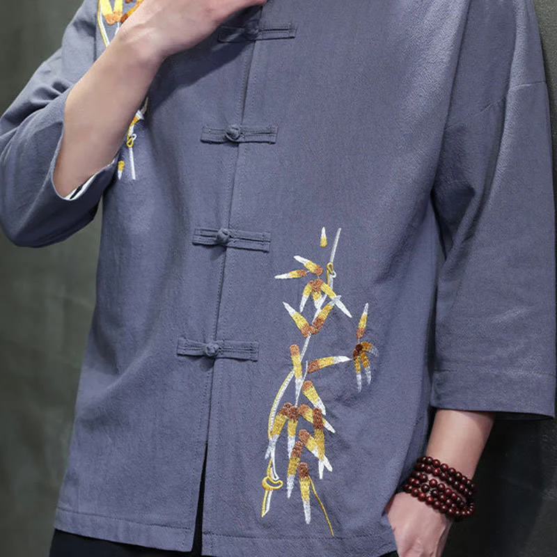 Buddha Stones Embroidery Men's  Chinese Frog-Button Three Quarter Sleeve Shirt Clothing