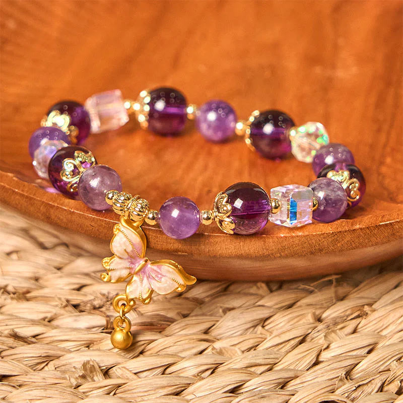 Buddha Stones Natural Amethyst Sun Stone Butterfly Peace Bracelet