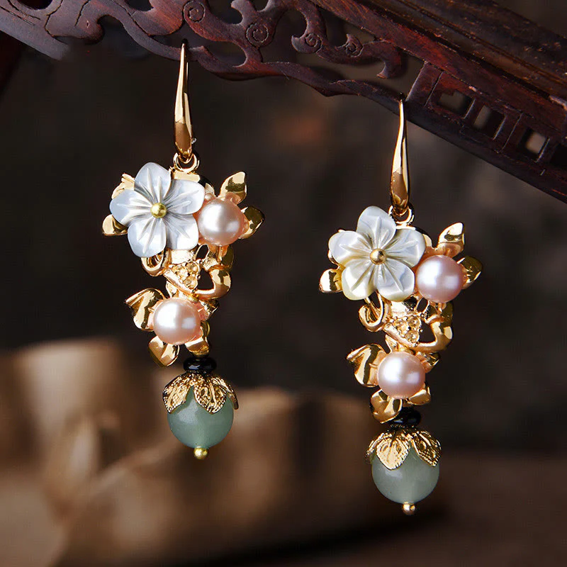 Buddha Stones 14K Gold Plated Tridacna Stone Flower Pearl Green Aventurine Bead Drop Earrings
