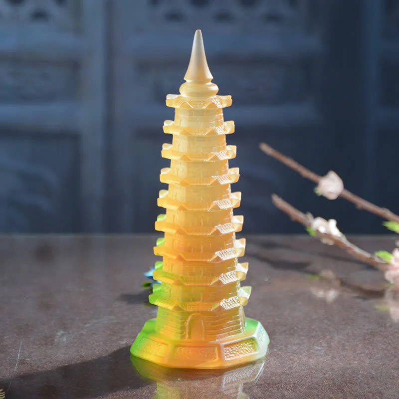 Buddha Stones Feng Shui Wenchang Tower Handmade Liuli Crystal Pagoda Art Piece Luck Home Office Decoration