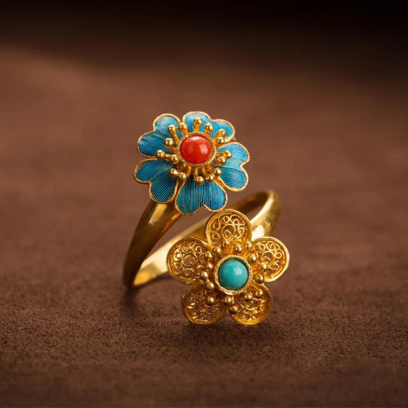 Buddha Stones Double Petals Copper Dripping Turquoise Wealth Ring