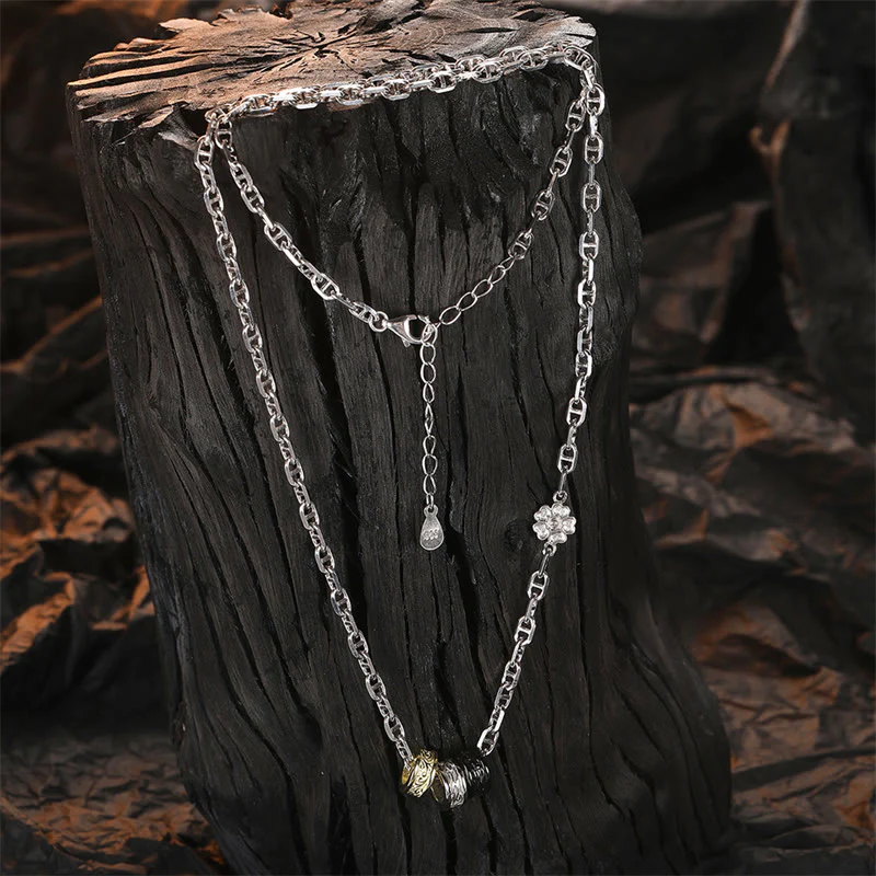 Buddha Stones 925 Sterling Silver Retro Tang Dynasty Flower Design Luck Energy Chain Necklace Pendant