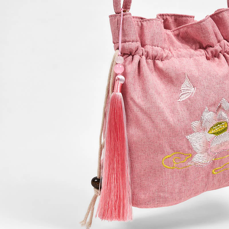 Buddha Stones Embroidered Light Pink Lotus Cotton Linen Crossbody Bag Shoulder Bag