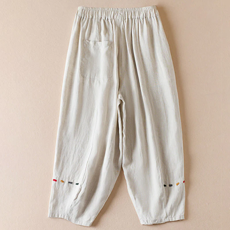 Buddha Stones Colored Thread 7-8 Length Women's Harem Cotton Linen Pants With Pockets