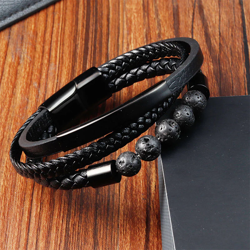 Buddha Stones Leather Titanium Steel Lava Rock Strengthen Buckle Bracelet