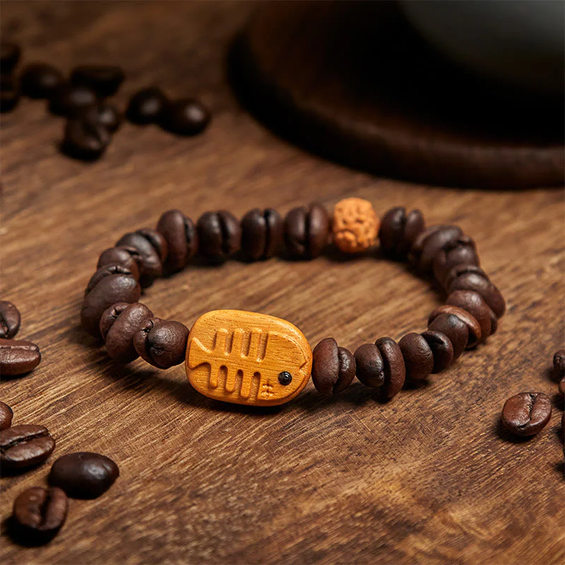 Buddha Stones Handmade Fishbone Real Coffee Beans Wenge Wood Bracelet
