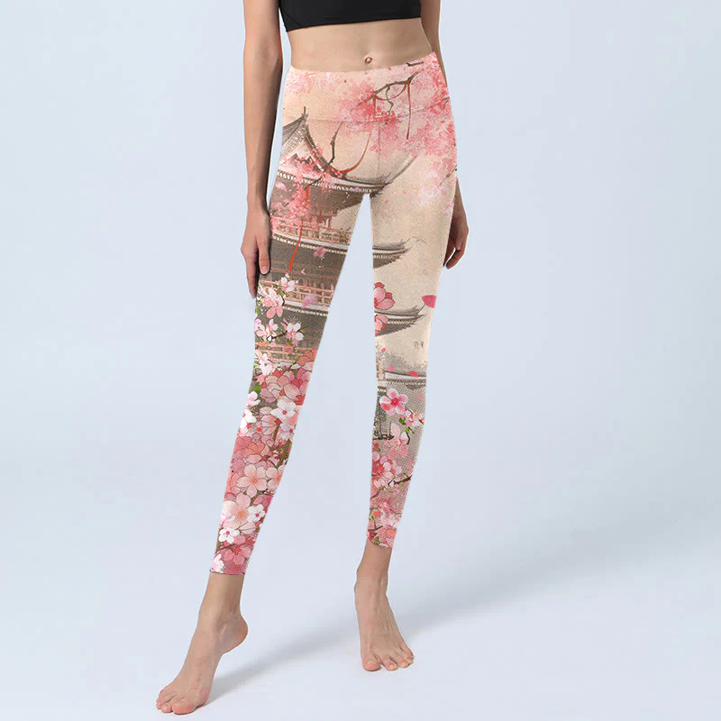 Buddha Stones Pink Sakura Antique Building Print Fitness Leggings Women's Yoga Pants