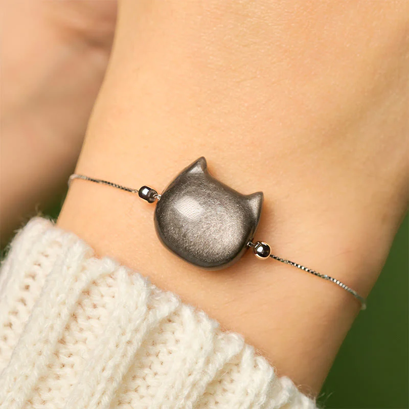 Buddha Stones 925 Sterling Silver Silver Sheen Obsidian Gold Sheen Obsidian Cat Soothing Bracelet