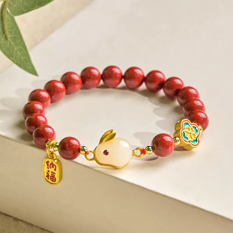 Buddha Stones Cinnabar Cute Rabbit Bunny Fu Character Calm Bracelet