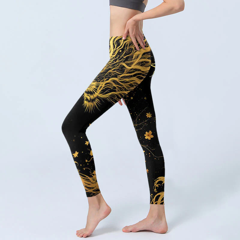 Buddha Stones Golden Dragon Pattern Print Gym Leggings Women's Yoga Pants