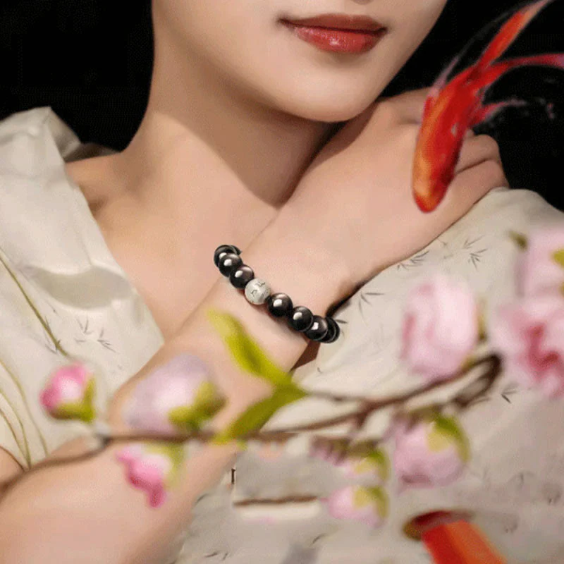 Buddha Stones Natural Silver Sheen Obsidian Om Mani Padme Hum Protection Bracelet