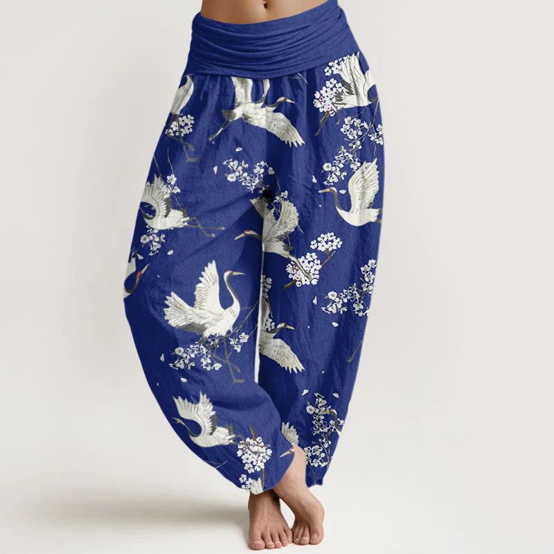 Buddha Stones Casual Elegant Crane Flower Pattern Women's Elastic Waist Harem Pants