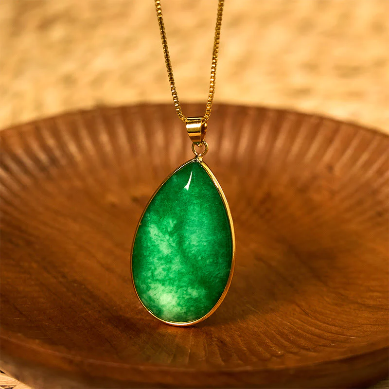 Buddha Stones Green Jade Water Drop Pattern Abundance Necklace Pendant
