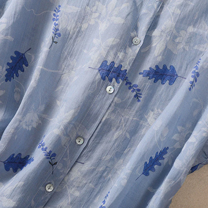 Buddha Stones Small Yellow Flower Leaves Buttons Short Sleeve Women's Shirt