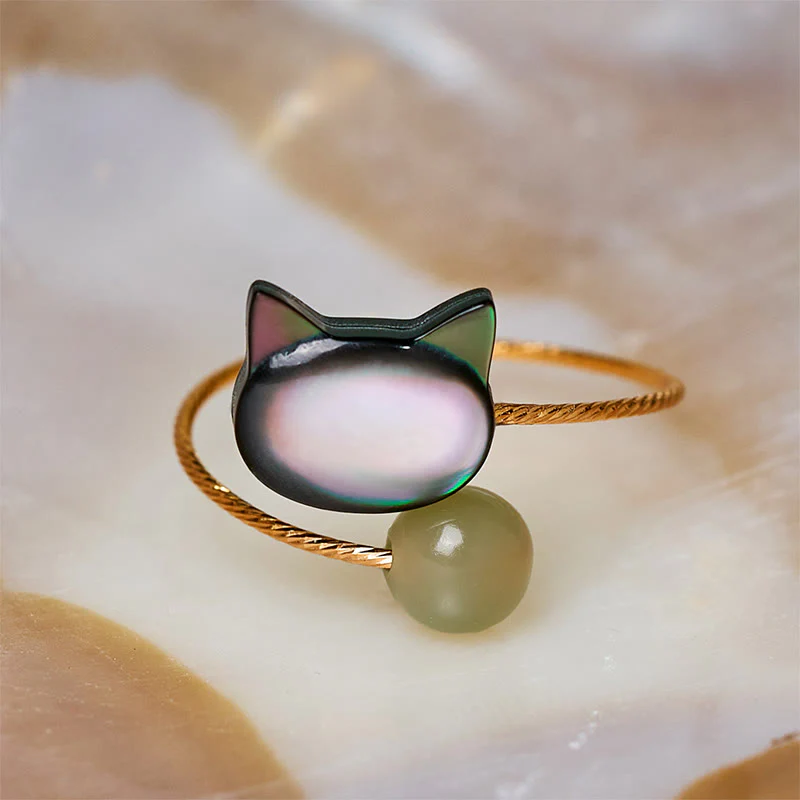 Buddha Stones Black Tridacna Stone Cat Jade Blessing Adjustable Ring