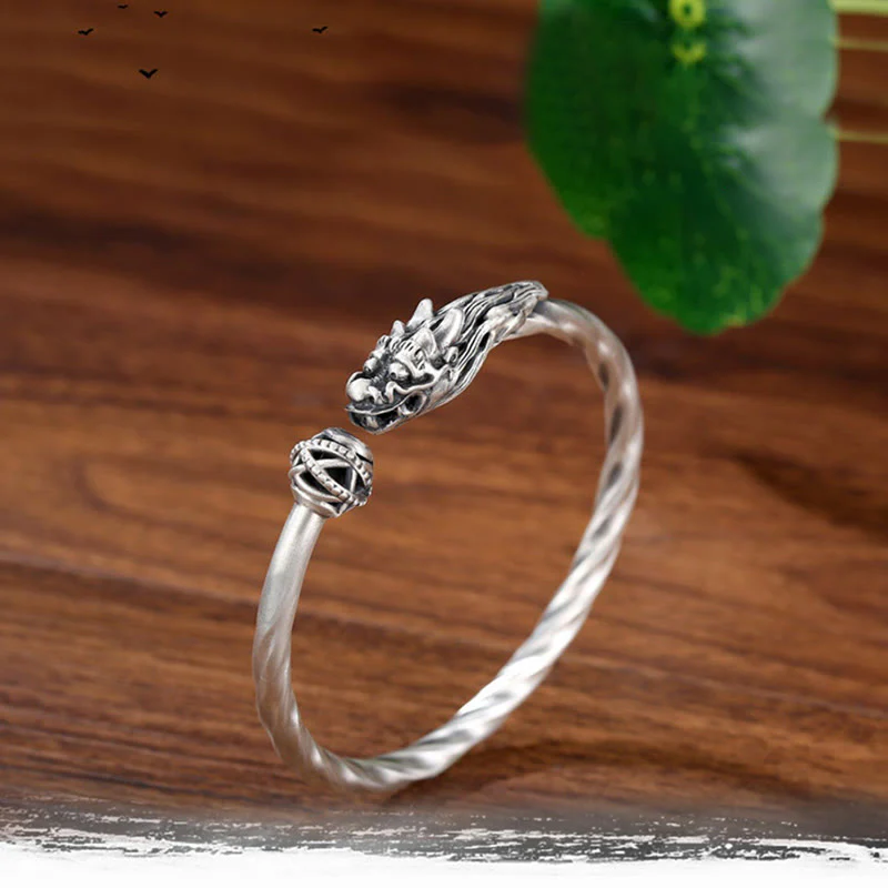 Buddha Stones 999 Sterling Silver Year of the Dragon Luck Strength Metal Cuff Bracelet Bangle