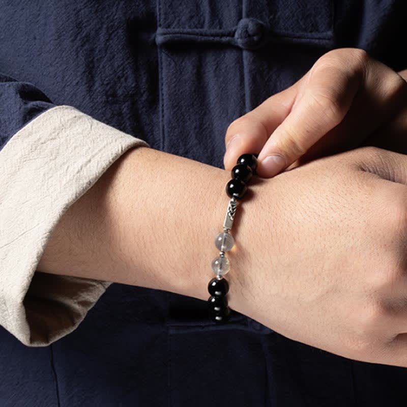 Buddha Stones 925 Sterling Silver Obsidian Moonstone Strength Couple Bracelet