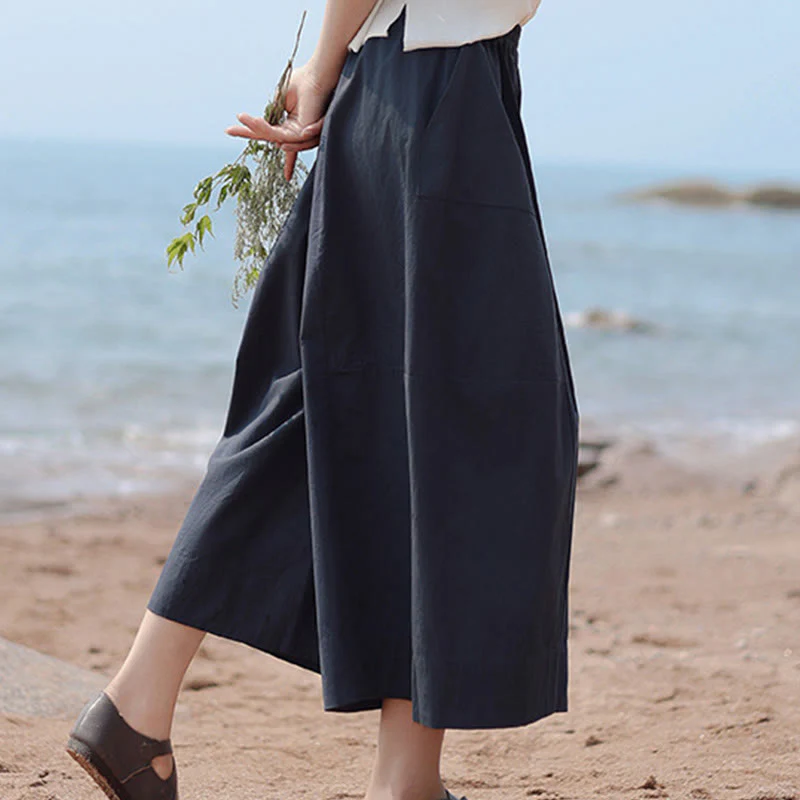 Buddha Stones Casual Plain Cotton High Waist Women's Wide Leg Capri Cropped Pants With Pockets