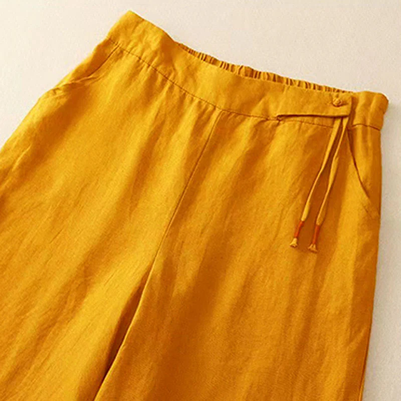 Buddha Stones Casual Solid Color One Button Cotton Linen Women's Wide Leg Pants With Pockets