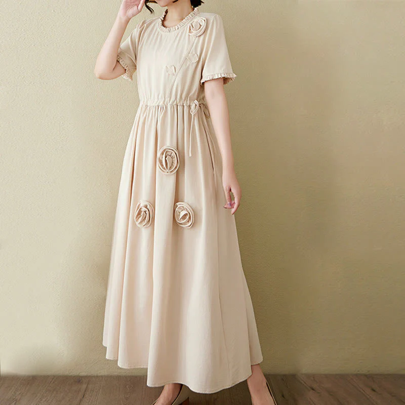 Buddha Stones Three-Dimensional Flower Design Ruffled Neck Cotton Linen Midi Dress With Pockets